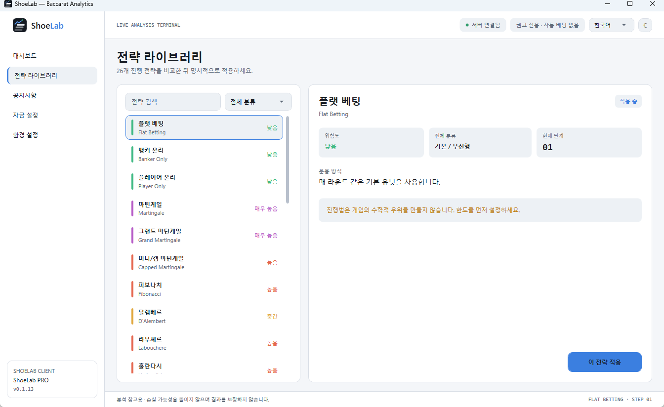 ShoeLab 전략 라이브러리 — 26가지 진행 전략 비교